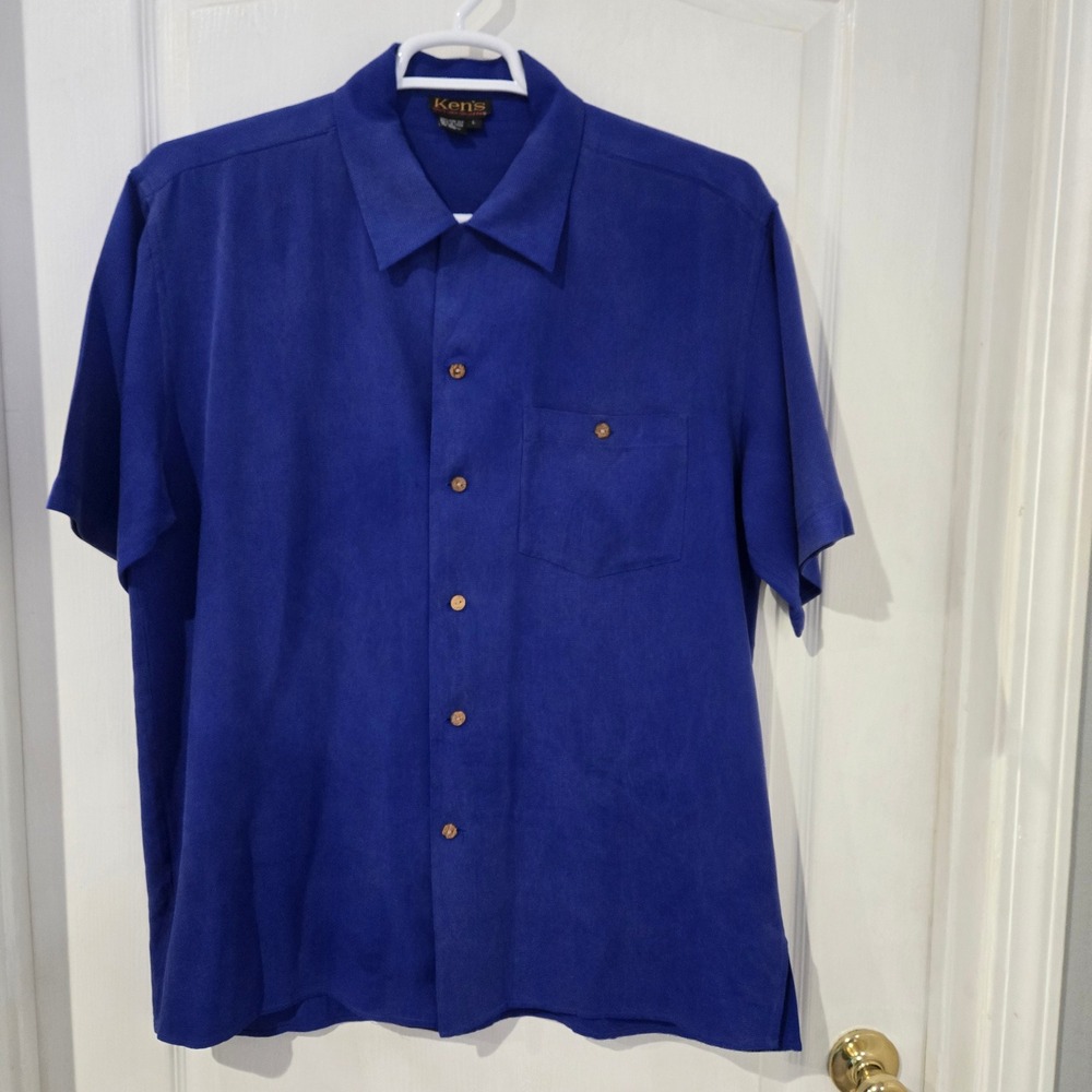 Ken's Man's Shop Dallas Silk Button Down Shirt Mens L Blue  Short Sleeve Preppy